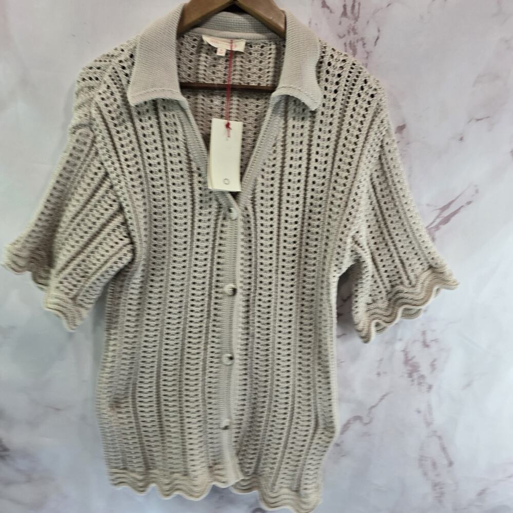 Anthropologie Sweater Women Medium Beige Polo Cardigan Cover Scalloped Solitaire